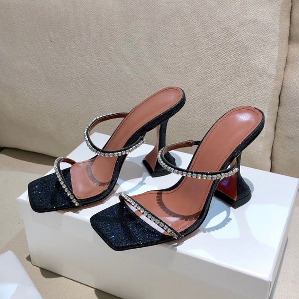 Gilda glitter crystal embellishery strap slippers slip on mules evening shoes Rhinestone spool Heel women&#039;s heels Luxury Designers heel