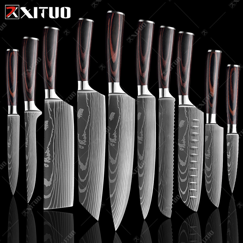 Selling Chef knife Set Laser Damascus Pattern Kitchen Knives Sharp Japanese Santoku Knife Cleaver Slicing Utility Knife drop shipping Factory wholes