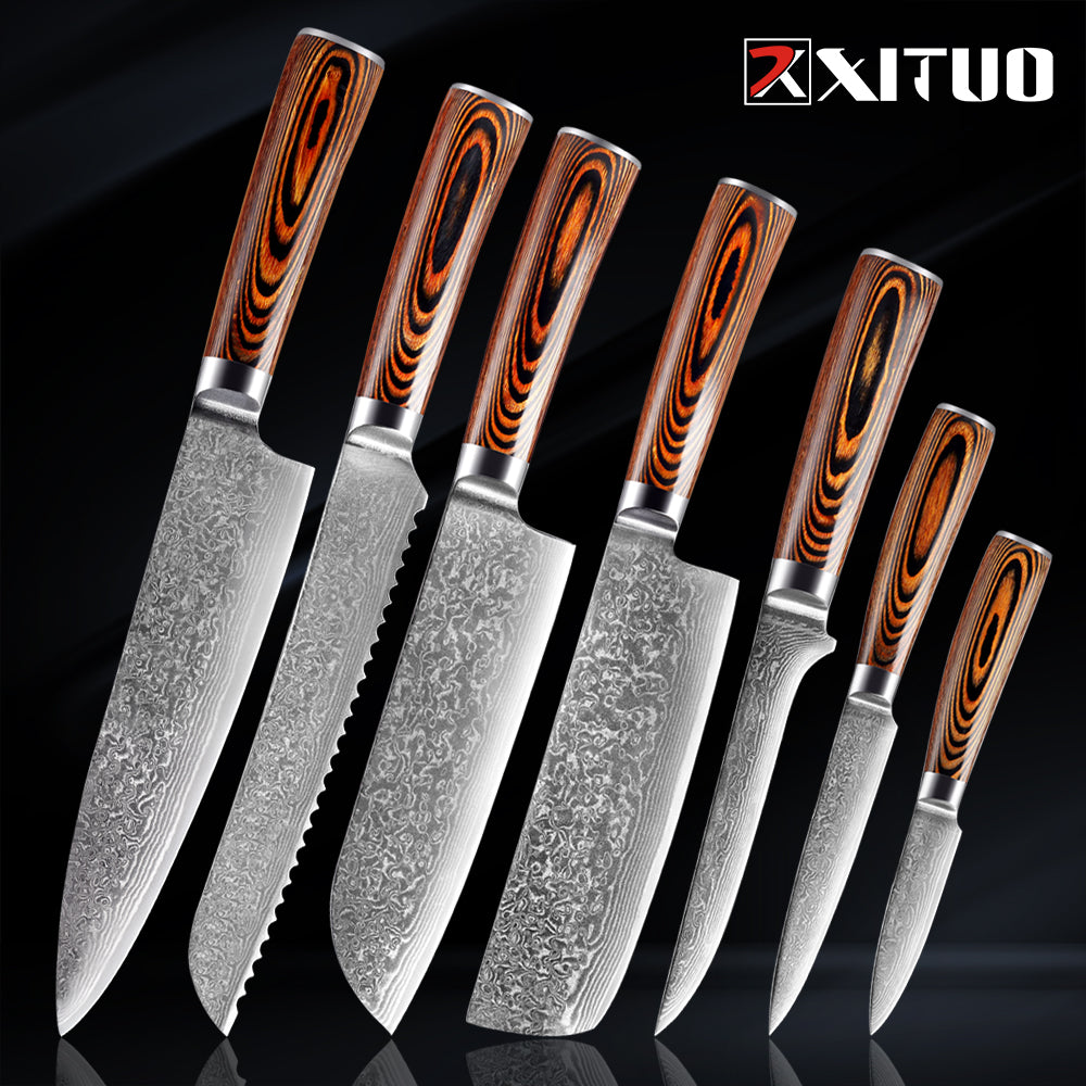 XITUO Damascus Steel Kitchen Knife Set 1-7PCS Set Japanese Chef Knife Santoku Knives bread knife Slicing Utility Cooking tools