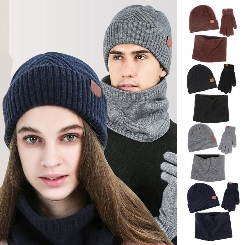 Hats, Scarves & Gloves Sets 3 Pieces Men Women Winter Beanie Hat Scarf Touch Screen Set Triangle Striped Knit Thermal Plush Lined Cuffed Sku