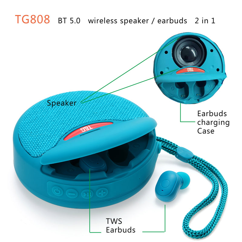 TG808 Bluetooth Wireless Speakers plus Earbuds Hands free Call Profile Stereo Bass Support TF USB Card AUX Line In Hi-Fi Loud