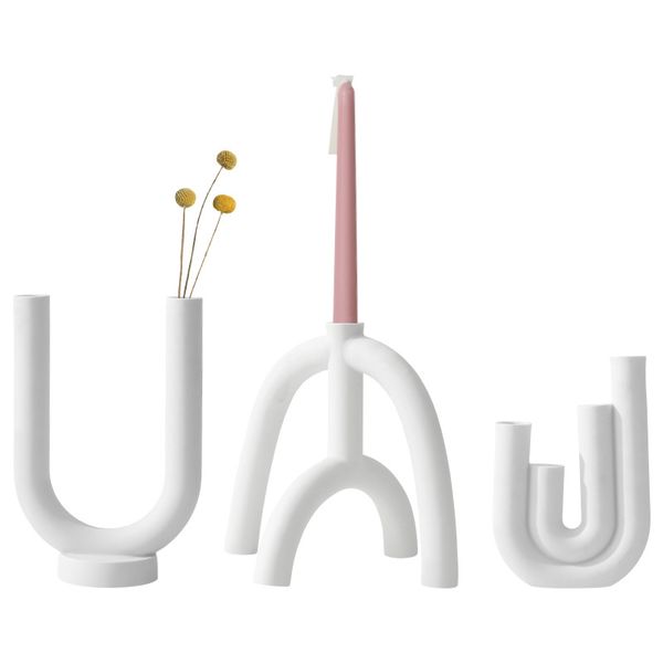 White Pipe U Shape Candle Holders Modern Ceramic Taper Candlestick Stand Tube Vase Nordic Home Decoration Wedding Centerpieces