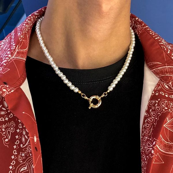 Chokers SHIXIN Punk Hip Hop Pearl Choker Necklace For Women-Men Simple White Pearls Collar Men Fashion Neck Jewelry 2021