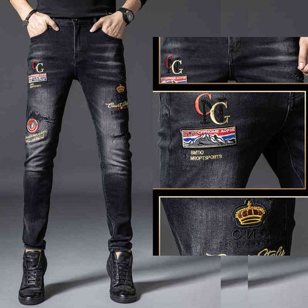 jeans 2021 high end heavy craft jeans men&#039;s Guochao brand black embroidery autumn and winter thick slim fit elastic Leggings