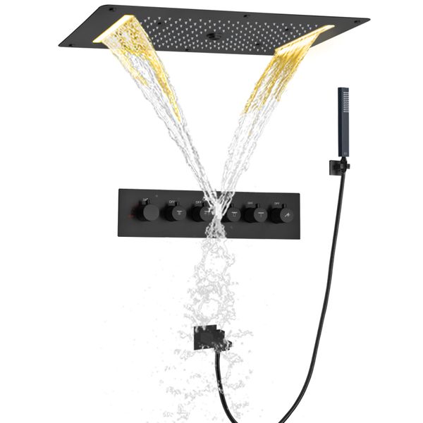 Thermostatic Bathtub Shower Faucet Set 700X380 MM Waterfall Spray Bubble Rain LED Matte Black With Handheld