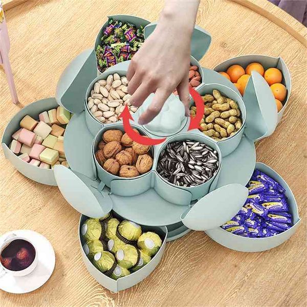 2-layer Petal Rotating Snack Box Plate Dish Dried Fruit Compartment Nut Candy Storage Home Organizer es 210922