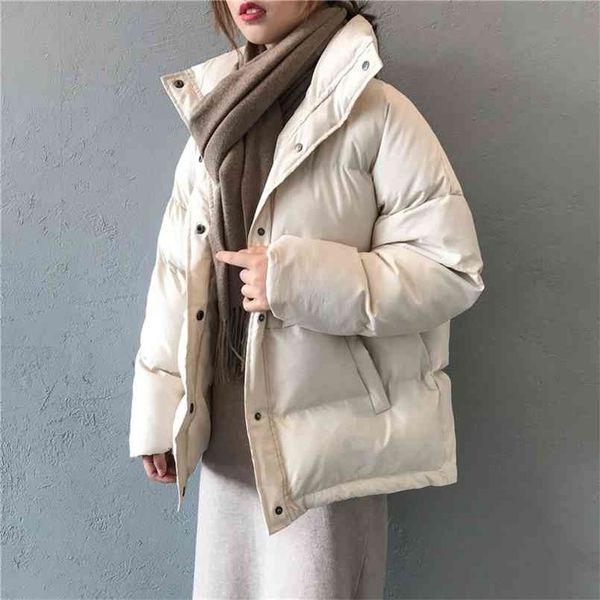 fashion solid women&#039;s winter down jacket stand collar short single-breasted coat preppy style parka ladies chic outwear female 210917
