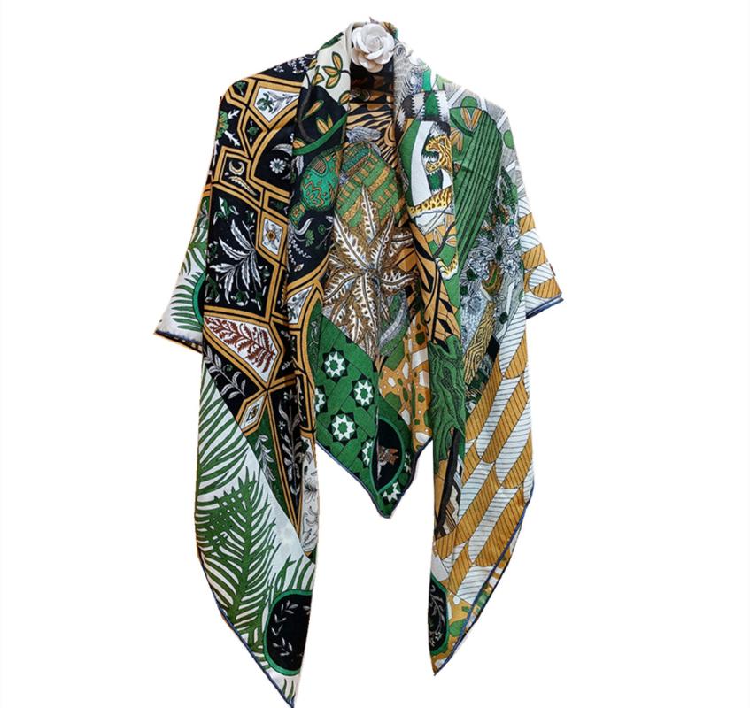 Scarves High-end Elegant Women&#039;s Fashion Green And Brown Lady Knight Dance Printed Soft Silk Cashmere Large Square Shawl