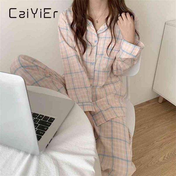 CAIYIER Cute Grid Girls Pajamas Set Korean Autumn Winter Long Sleeve Leisure Sleepwear Women Loose Nightwear Homewear Suit 210924