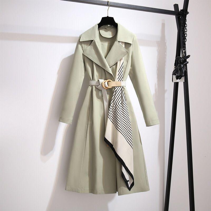 Women&#039;s Trench Coats Windbreaker With Silk Scarf Belt Lapel Chic Office Ladies Outerwear Casual Hanbok 2021 Spring And Autumn