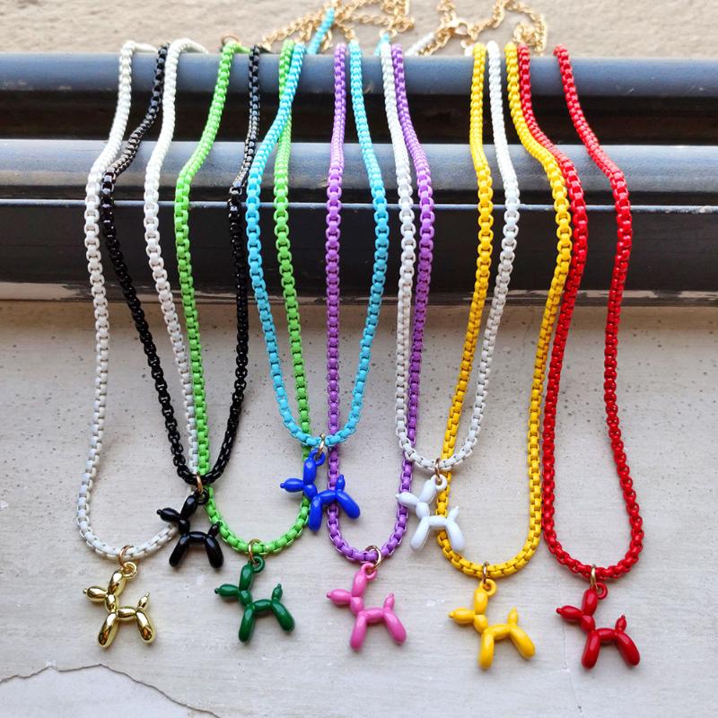 Chains Cute Rainbow Poodle Balloon Dog Pendant Necklaces For Women Fashion Multicolor Metal Chain Choker Necklace Birthday Jewelry Gift