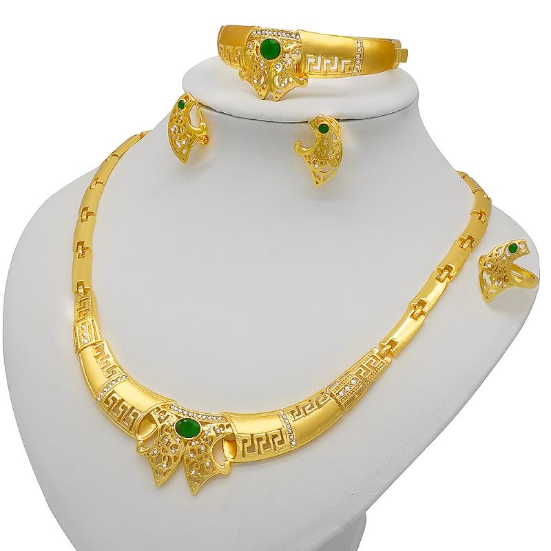 Earrings & Necklace African 24k Gold Color Jewelry Sets For Women Dubai Bridal Wedding Wife Gifts Gem Bracelet Ring Jewellery Set