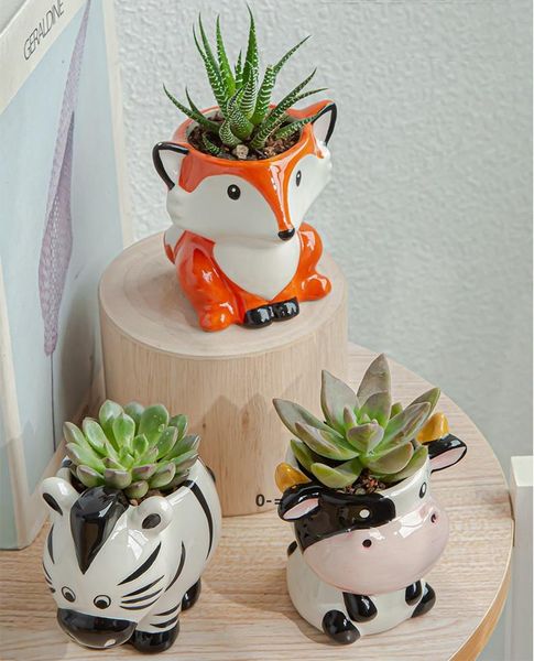 6PCS-Set New Cartoon Animals Flower Pot for Succulents Fleshy Plants Flowerpot Ceramic Small Mini Home Garden Office Decoration JJE9852