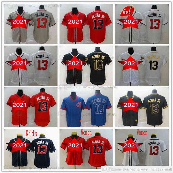 Man Women Youth Kids Stitched Baseball 13 Ronald Acuna Jr. Jerseys Grey Black Gold White Red Dark Blue Jersey Size S-XXXL