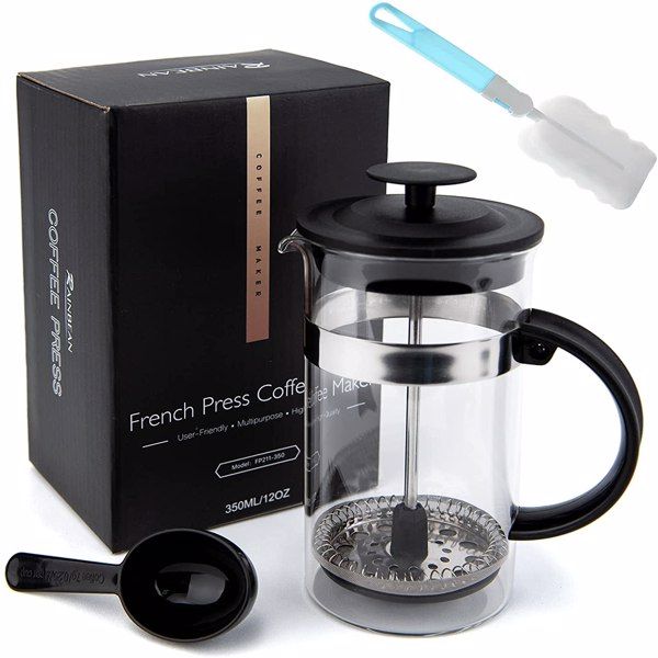 Bar Products Mini French Press Coffee Maker 12 oz , Small 350 ml, Camping , Heat Cold Coffee Brewer with Spoon and Brush (Classic Style)