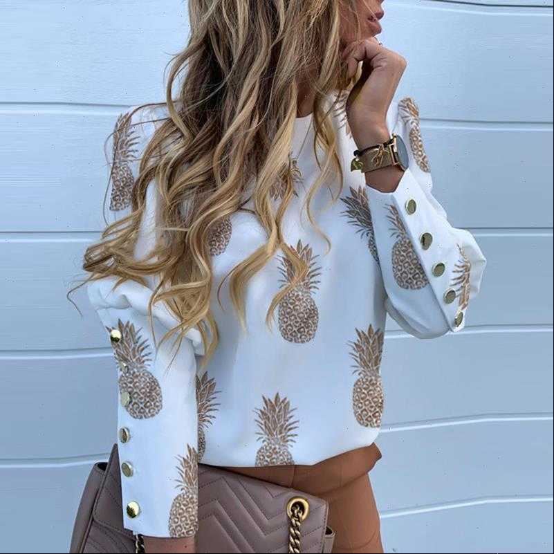 Elegant Women Shirts Metal Button Blouse Shirt Office Lady Autumn O Neck Print Plus Size Tops Female Long Sleeve