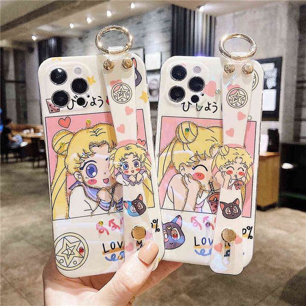 Anime Cartoon Cute Sailor Moon Glitter Wrist Bracket Soft Phone Case for Iphone 12 Pro 11 7 8 Plus x Xs Xr Cover