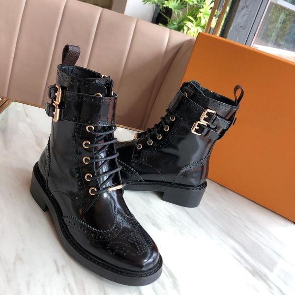 Boots 2021 Fashion Boot Shoes Full Grain Leather Lace Up Buckle Womens Combat Military Brock Oxford Botas Mujer Size 42