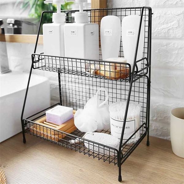 Iron Wire Kitchen Storage Rack Cosmetic Makeup Basket Metal Spice Seasoning Bathroom Shelf Desktop Organizer Hollow Dish Holders 211112