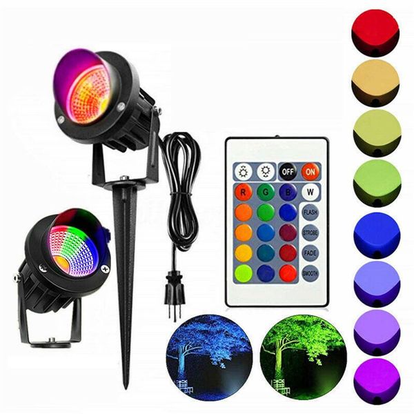 10W Outdoor COB RGB Spotlight with Remote Control White-Warm white LED Lawn Lights Waterproof IP65 Landscape Spike light AC85-265V EU-US