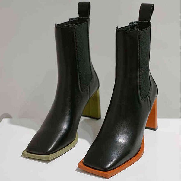 Nausk 2021 New Women Ankle Boots High Heels Black Knitting Booties Winter Woman Dress Shoes Square Toe Stretch Botas Retro Mujer