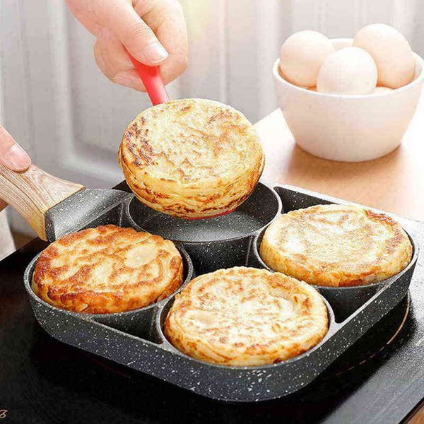 4 Hole Oil Fry Pot Thickened Pepper Reel Non-stick Pancake Steak Pot Cooking Egg Ham Pot Breakfast Bottle Cookware Kitchen Tools 211122