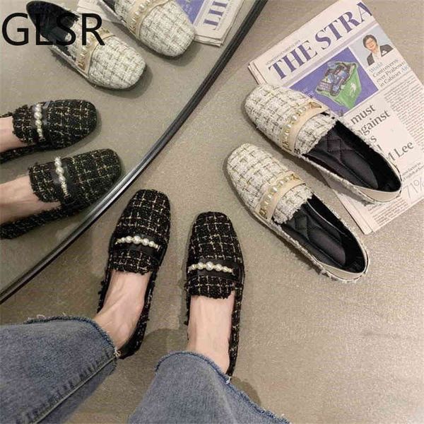 Dress Shoes Retro Pearl Beaded Plaid Flats Women Fall Classics Elegant Ladies Office Fashion Designer Slip On Loafers White Black RNCQ