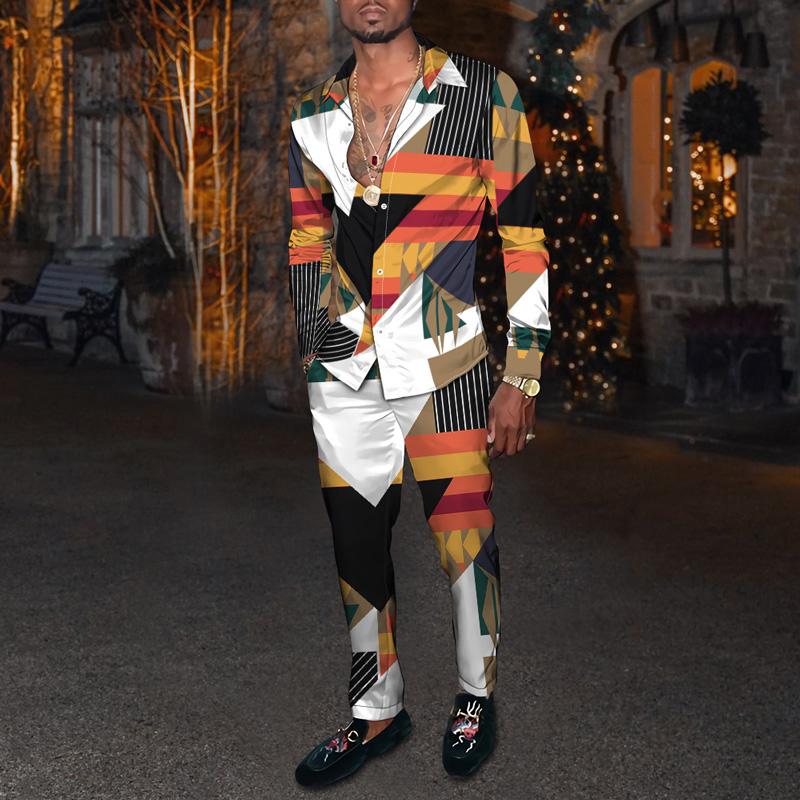 Men&#039;s Tracksuits Autumn 2021 Casual Wear Suit Male 3dpolygonal Diamond Printing Long-sleeved Lapel Button Cardigan+trousers Two-piece