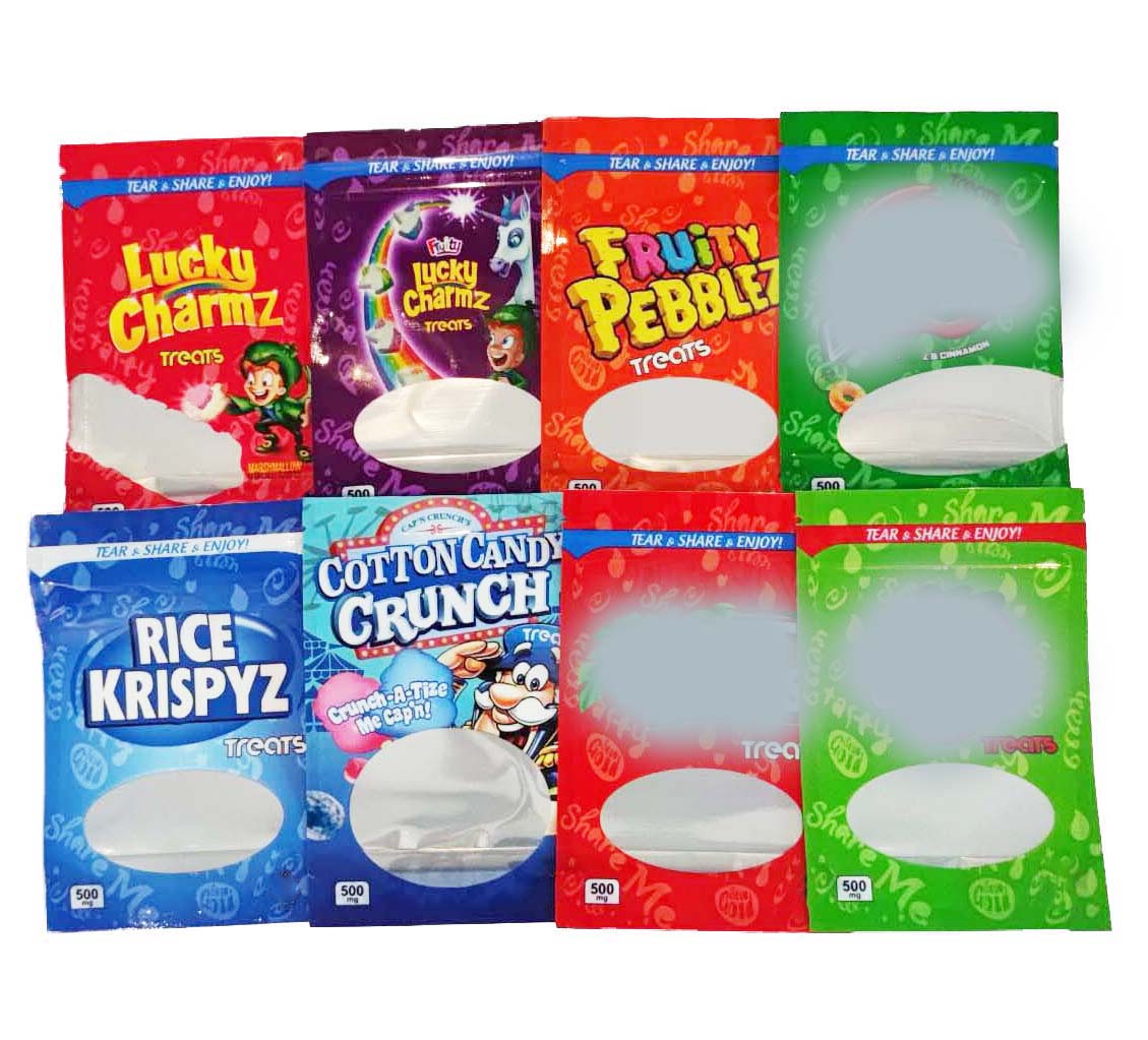 Empty 600mg Cereal Treat Fruity Pebblez packing bags Caramel treats cocoa cannaburst gummies Lucky charmz INFUSED edible packaging plastic package b