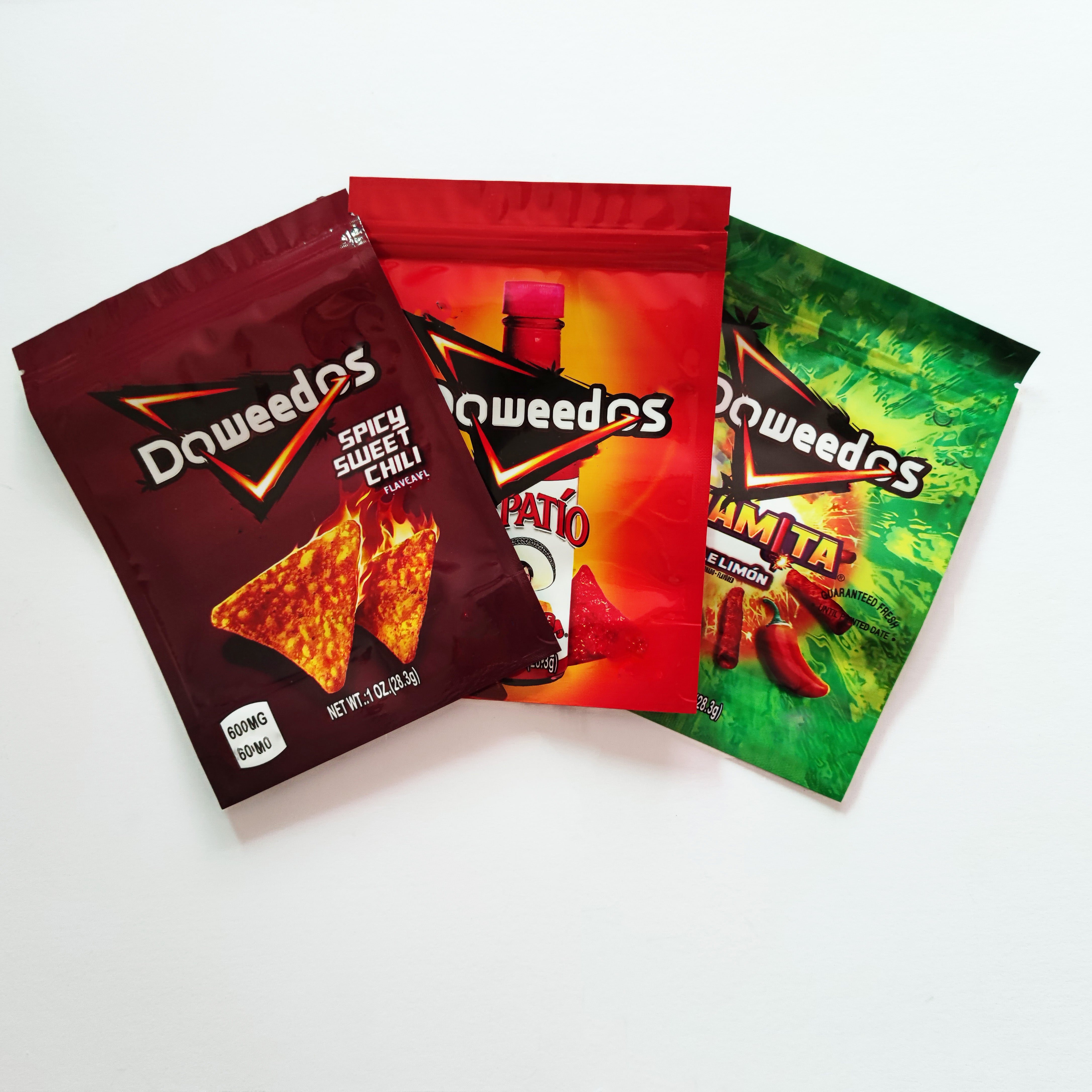 2021 Empty Doweedos Potato chips Bags Flamin Nacho Spicy Sweet Chili chip Cheese Worm edibles gummies zipper lock Packaging bag