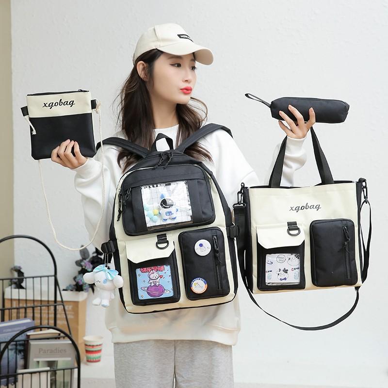 School Bags 4pcs Set Bag For Girls Large Capacity Backpacks With Many Pockets Bookbags Kawaii Women Backpack Nylon Contrast Color