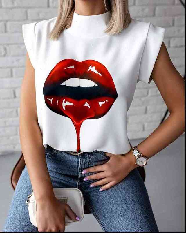 Fashion Women Elegant Lips Print Tops Blouse Shirts Summer Ladies Office Casual Stand Neck Pullovers Eye Blusa