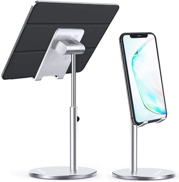 Cell Phone Stand for Desk, Height Angle Adjustable iPad Tablet Holder Stand, Sturdy Aluminum Metal Phone Holder, Compatible Silver