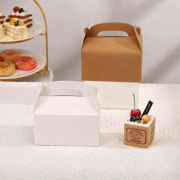 Portable Cake Carton Kraft Paper Cookie Nougat Baking Dessert Packaging Box Candy Gift Wrapping Paper Bag 10pcs CX220125