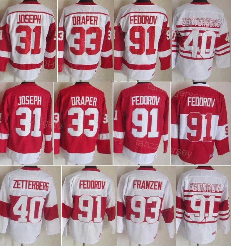 Men Retro Ice Hockey Vintage 33 Kris Draper Jersey 31 Curtis Joseph 91 Sergei Fedorov 40 Henrik Zetterberg 93 Johan Franzen All Stitching 75th Anniv
