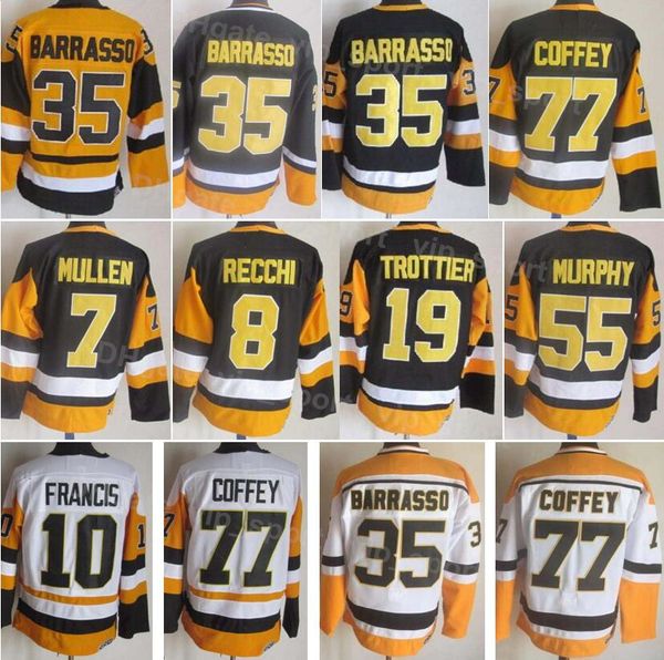 Men Ice Hockey Vintage Retro 77 Paul Coffey Jersey 19 Bryan Trottier 8 Mark Recchi 35 Tom Barrasso 7 Joe Mullen 10 Ron Francis 55 Larry Murp