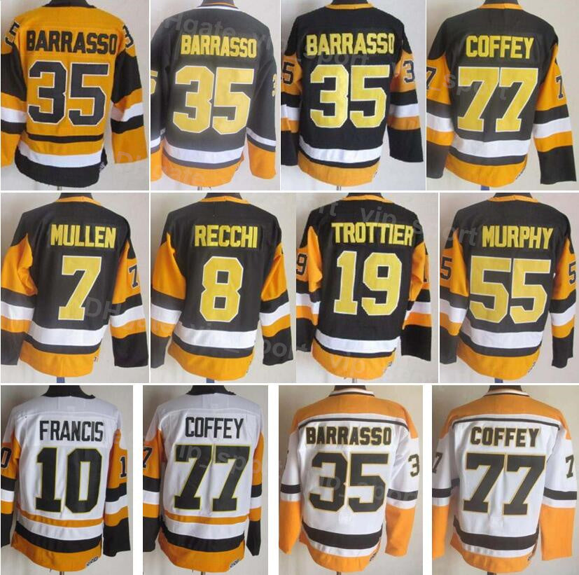 Men Ice Hockey Vintage Retro 77 Paul Coffey Jersey 19 Bryan Trottier 8 Mark Recchi 35 Tom Barrasso 7 Joe Mullen 10 Ron Francis 55 Larry Murphy Home