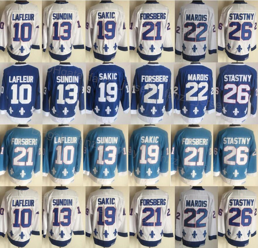 Men Retro Ice Hockey Vintage 21 Peter Forsberg Jersey 26 Peter Stastny 10 Guy Lafleur 13 Mats Sundin 19 Joe Sakic CCM Home Navy Blue White Breathabl