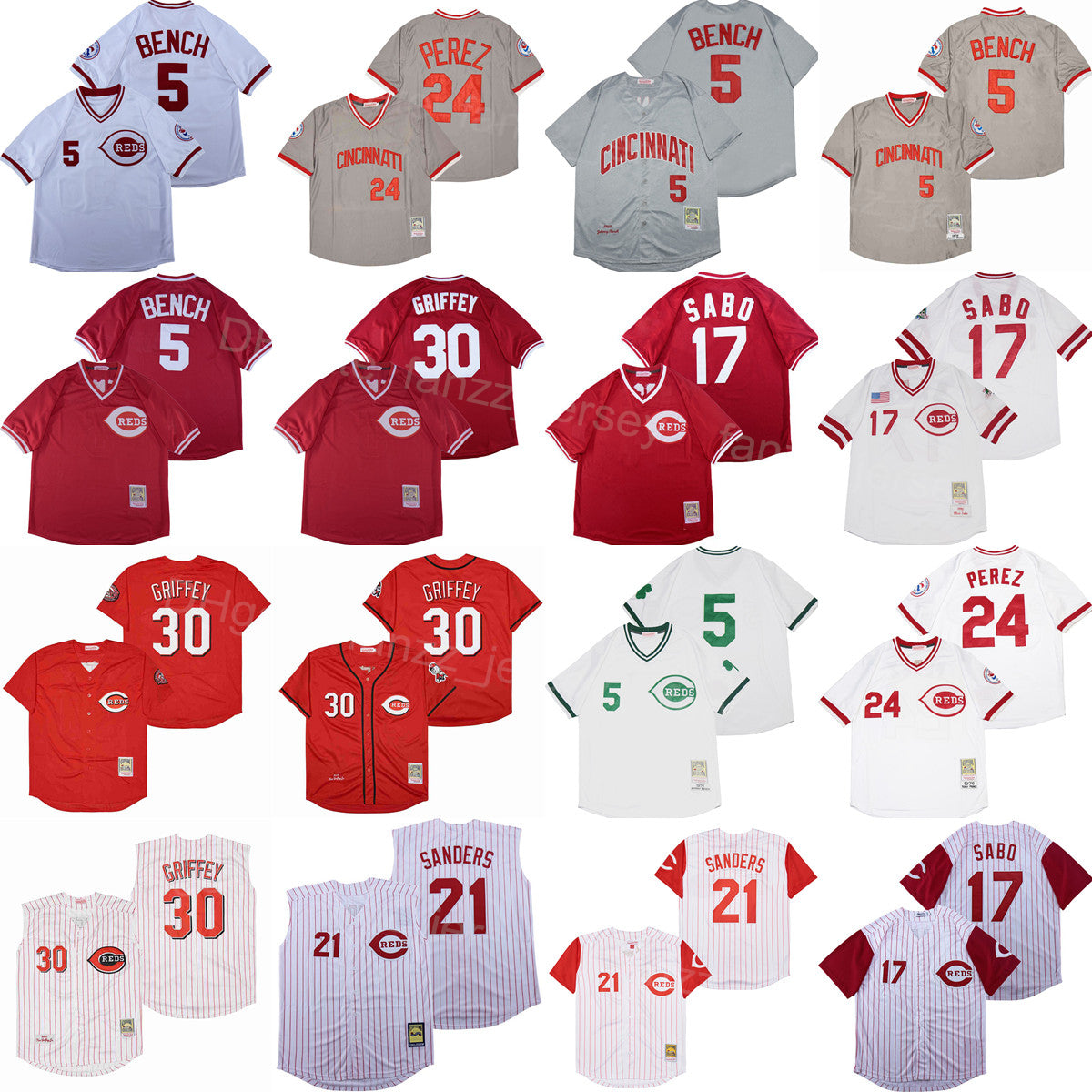 1976 1990 2000 2005 Retro Baseball 30 Ken Griffey Jersey Vintage 5 Johnny Bench 24 Tony Perez 21 Reggie Sanders 17 Chris Sabo Retire Pinstripe Red W