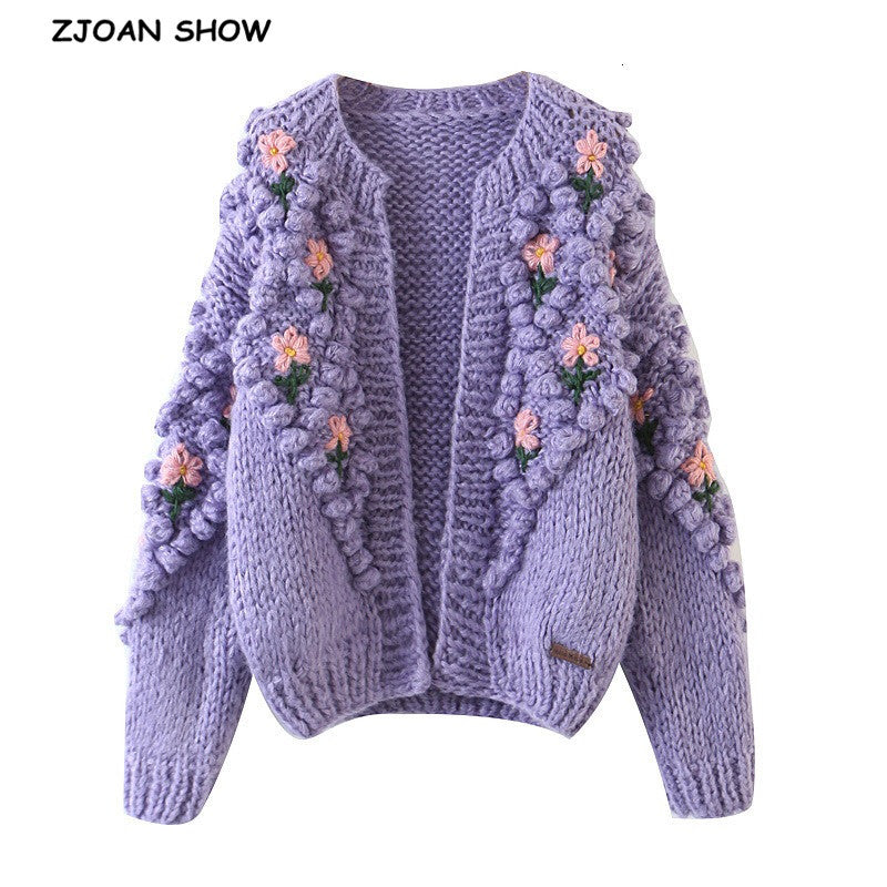 Women&#039;s Knits & Tees Retro 3D Flower Hand Crochet Ball Cardigan Vintage Woman O neck Long sleeve Purple Knitting Sweater Knitwear