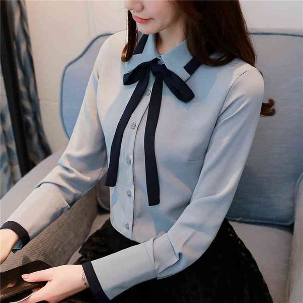 Autumn Black bow tie Women Blouse Long Sleeve Shirts Elegant Turn Down Collar Shirt Casual Feminine Blouses Tops 910F5 210420
