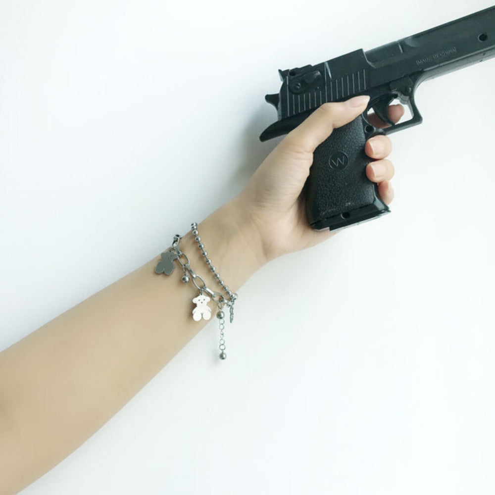 South Korea ins double layer Stainless titanium steel Tuku men and women Bear candy hollow fashion lovers Bracelet