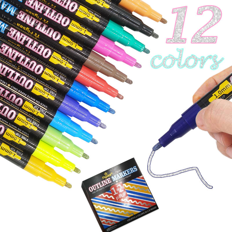 12PCS Candy Colors Outline Pen Waterproof Permanent Paint Marker Pen Creative Double Line Painting Graffiti DIY Colorful Set