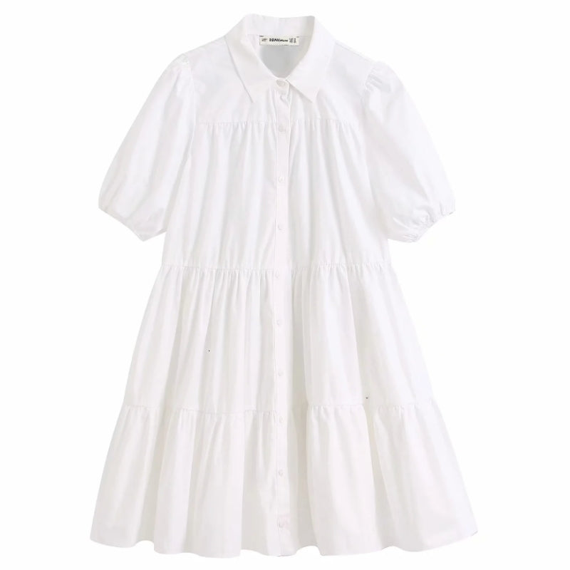 Casual Dresses women simply solid color white shirt office lady sleeve pleats vestidos chic leisure big swing es DS3438