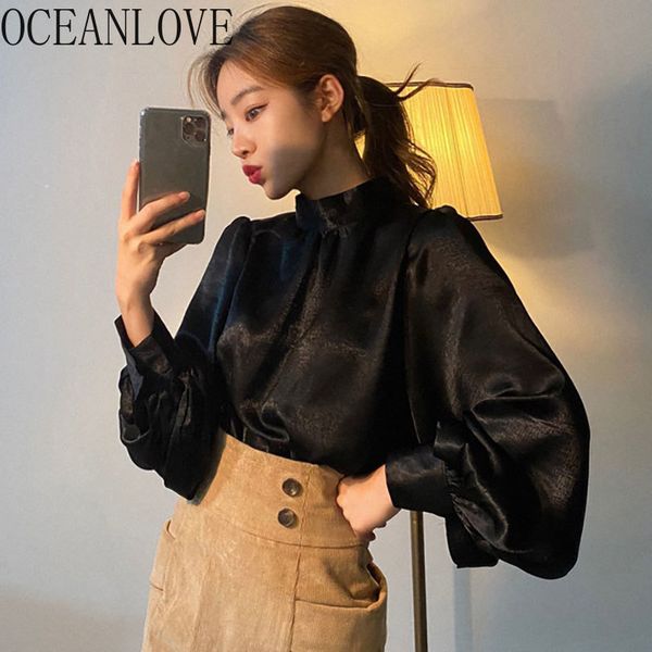 Lantern Sleeve Glossy Women Tops and Blouses Stand Collar Korean Ins Chic Blusas Mujer Spring Solid Shirts 14568 210415