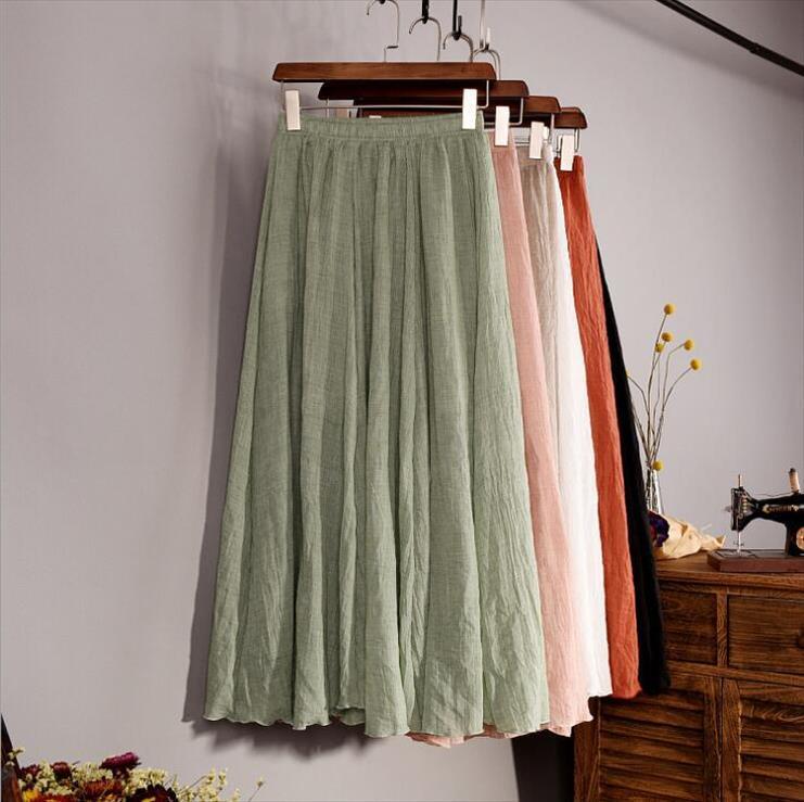 Cotton Linen Maxi Spring Summer Women Skirts Elastic Waist Vintage Solid Pleated Long A Line Mori Girl Boho Qh1755