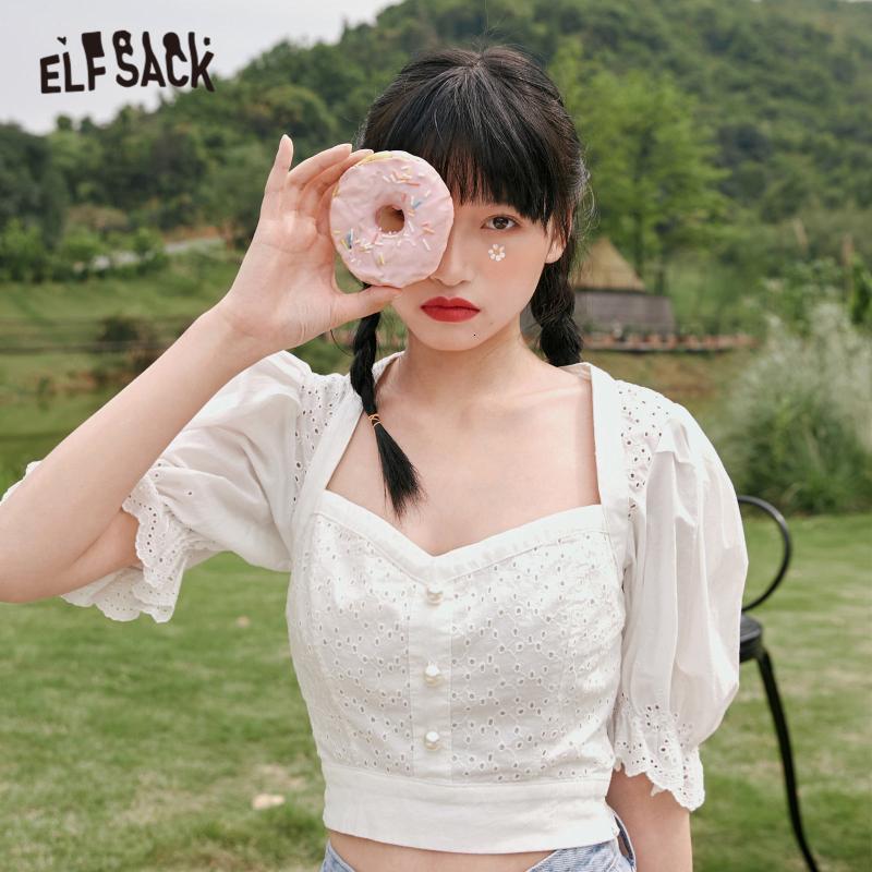 Women&#039;s Blouses & Shirts ELFSACK White Solid Hollow Out Lace Casual Milkmaid Blouse Women Summer ELF Puff Sleeve Korean Girly Vintage Crop Tops