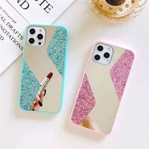 S Shape Mirror Glitter Phone Cases TPU+PC+Glass 3 In 1 Mobile Phones Case Cover For iPhone 13 12 Mini 11 Pro Max X XS XR 7 8 Plus Samsung S2