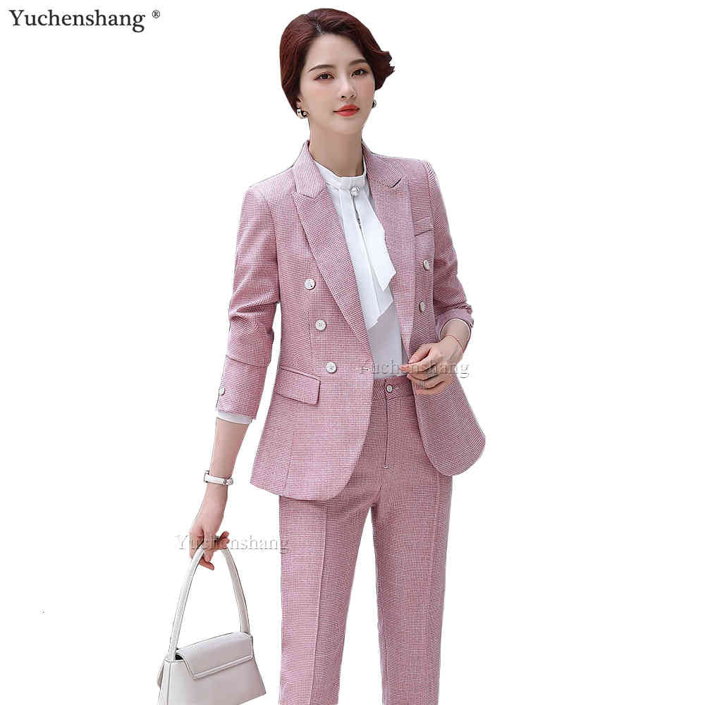 Women&#039;s Suits & Blazers Fashion Size S-5XL Pant Suit Women 2 Piece Set Green Pink Gray Single Breasted Jacket And Trousers Office Ladies Bla