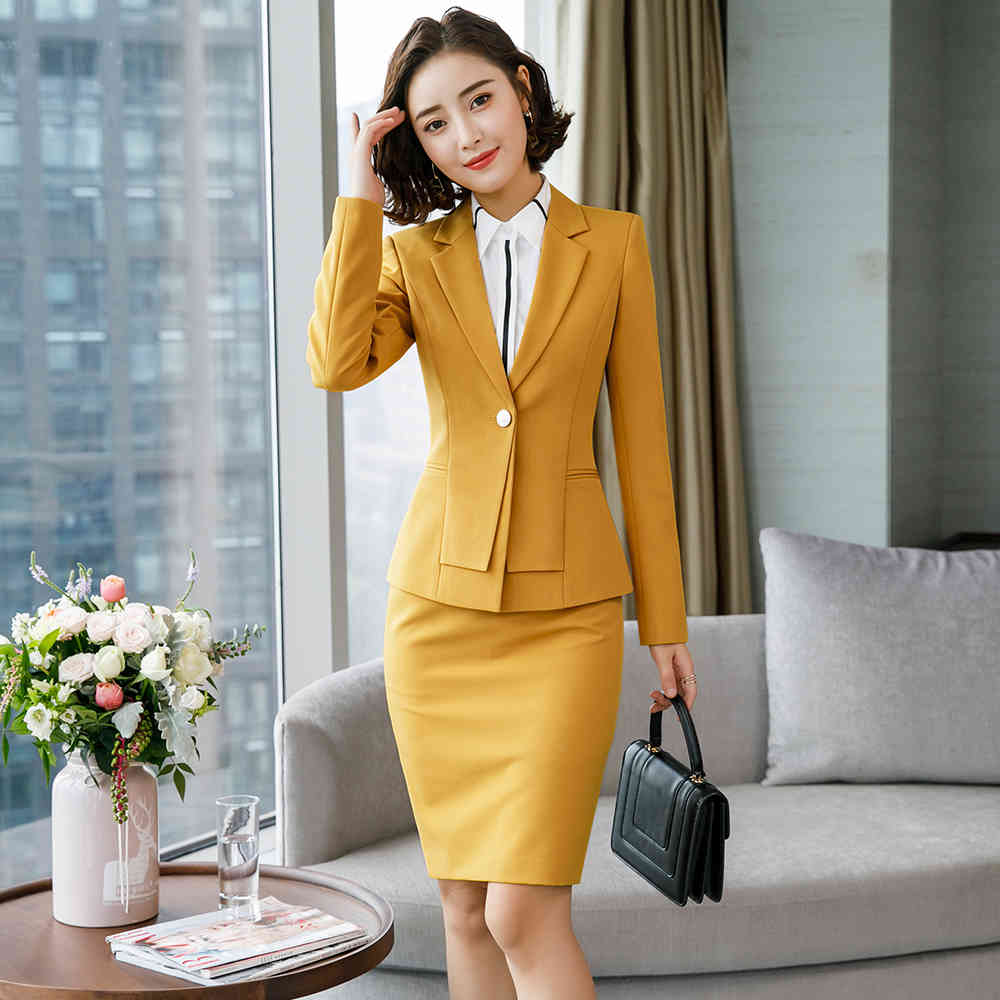 Casual Dresses Office Lady women 2 piece set skirt suit of high quality slim work wear full sleeve yellow gray pleated blazer and mini 7Q4T